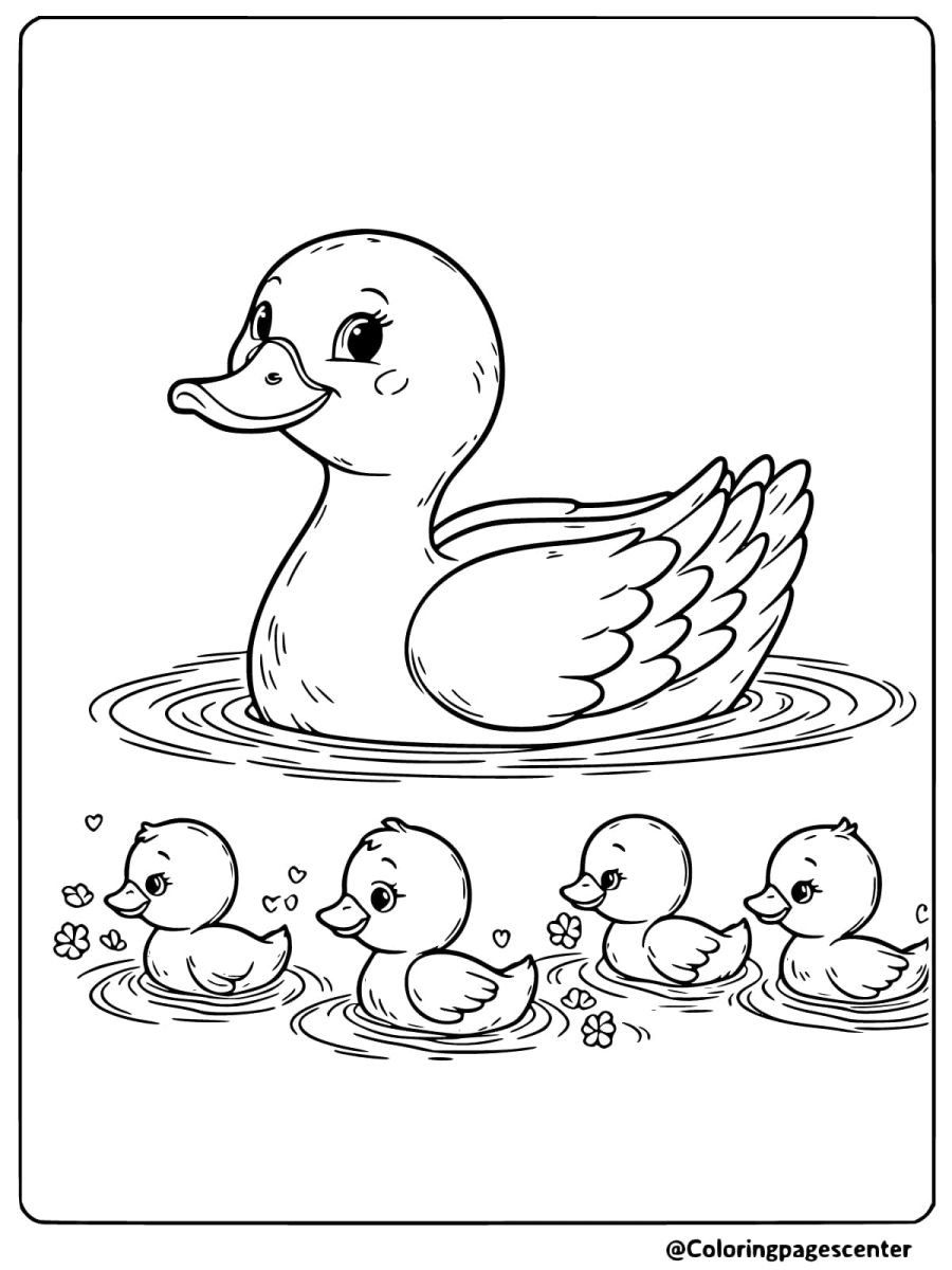 Mother duck swimming with her ducklings coloring page