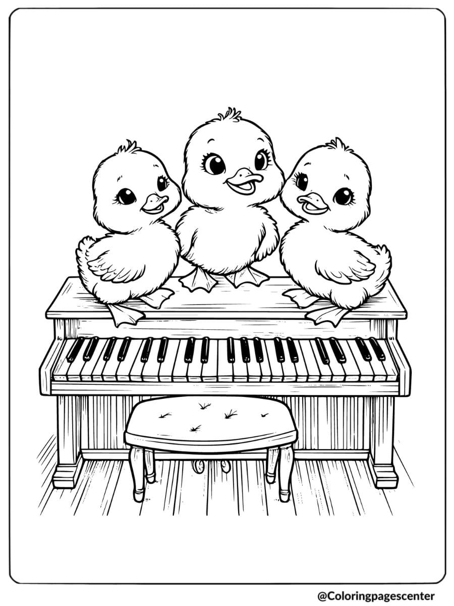 Three ducklings standing on a piano keyboard coloring page