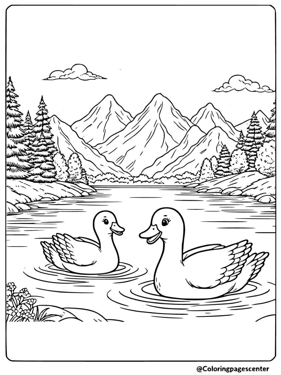 Two ducks swimming in a mountain lake coloring page