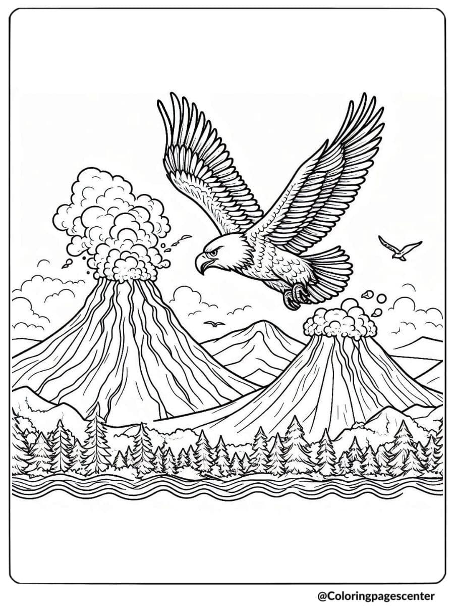 Eagle flying above volcanoes coloring page