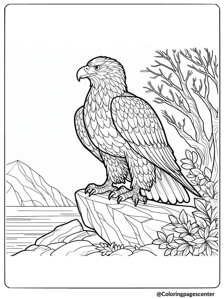 Eagle standing on a rocky cliff coloring page