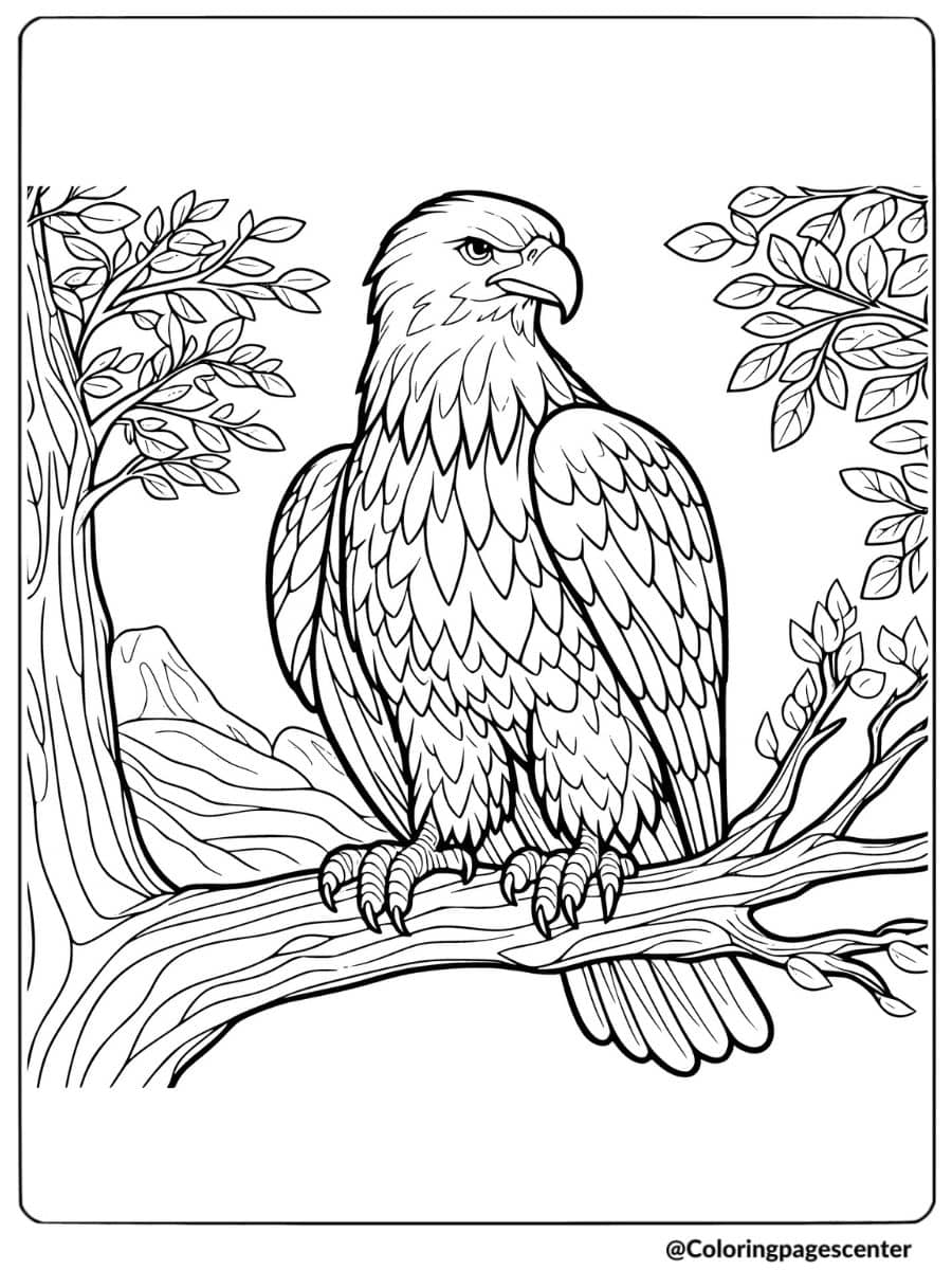 Eagle perched on a tree branch coloring page