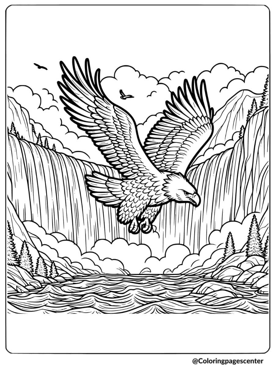 Eagle flying above a waterfall coloring page