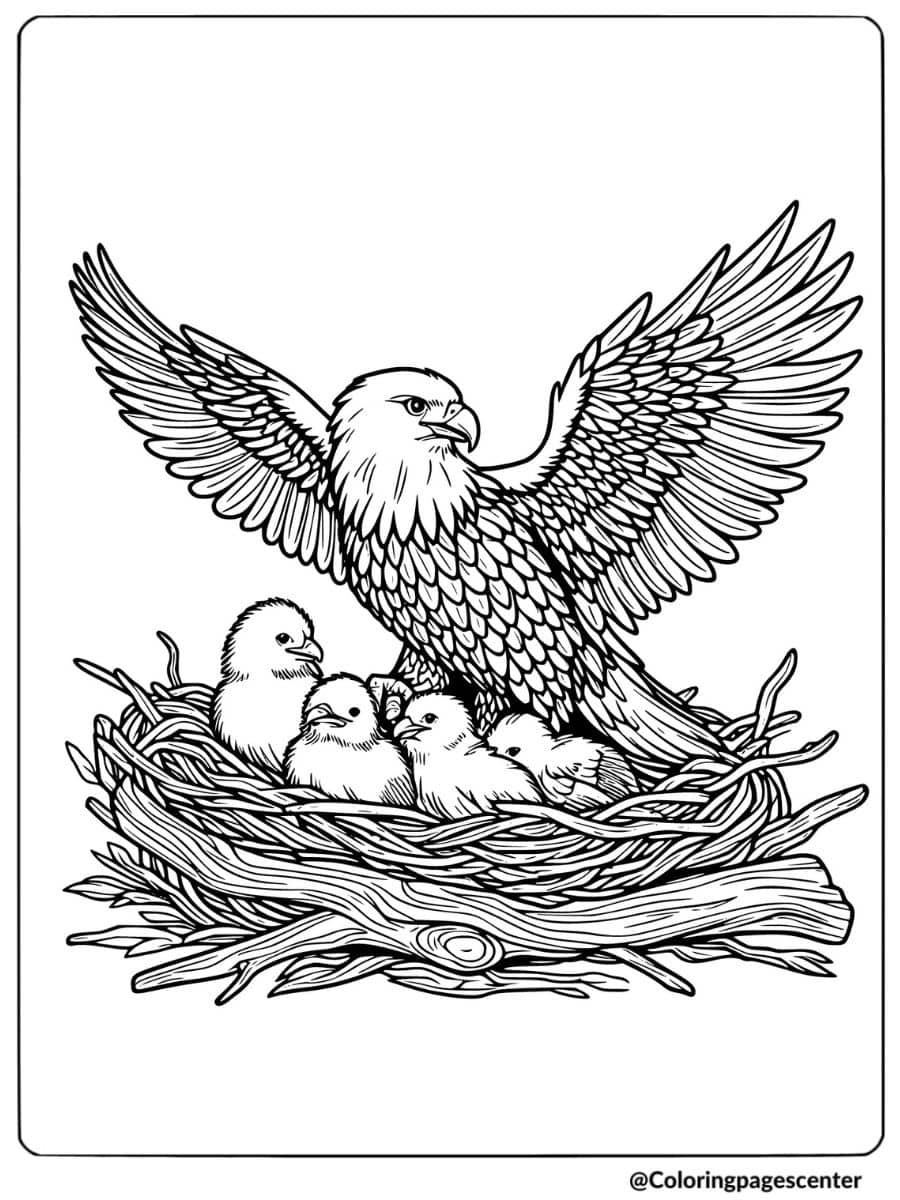 Eagle with chicks in nest coloring page