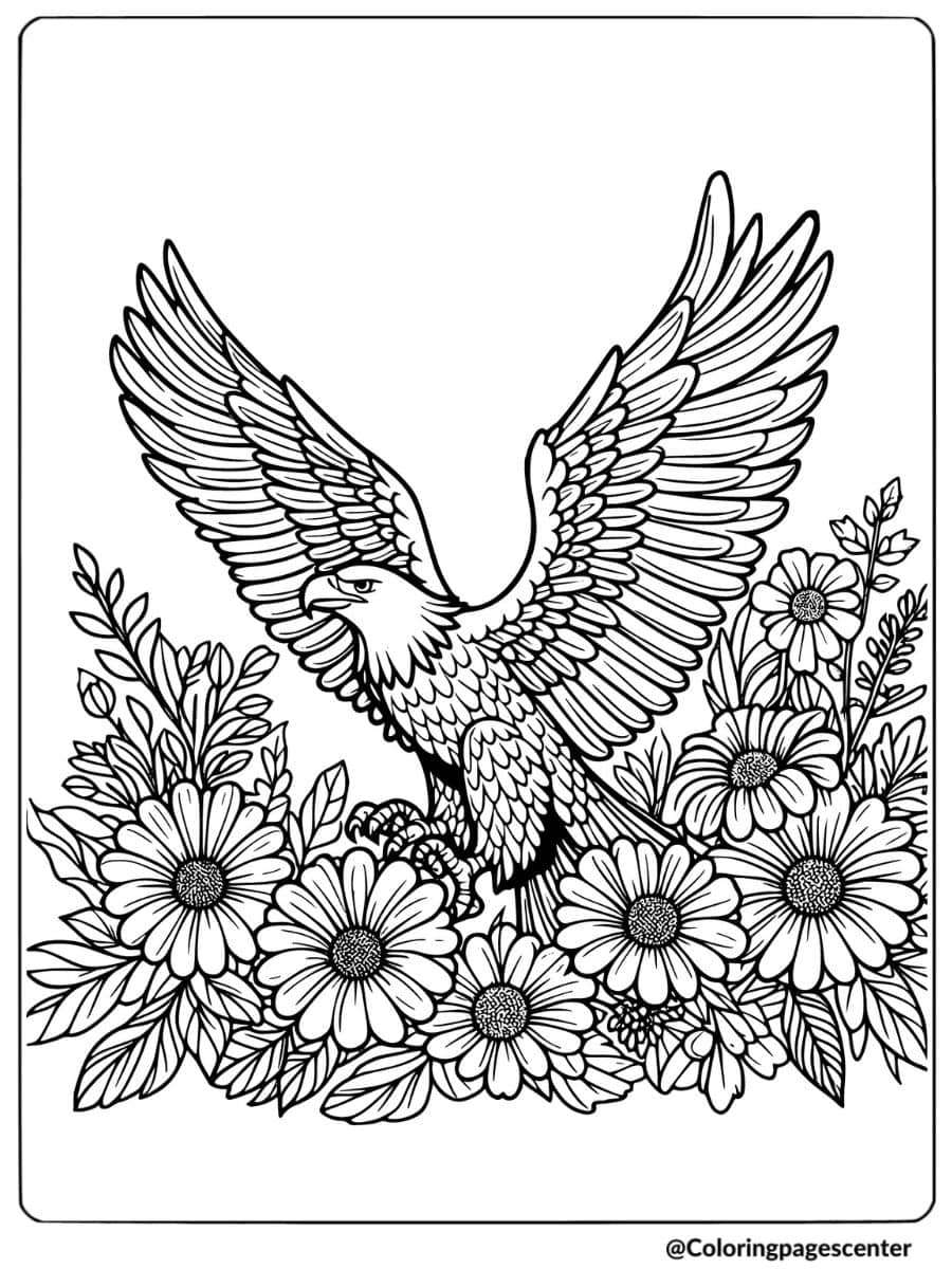 Eagle in a floral background coloring page