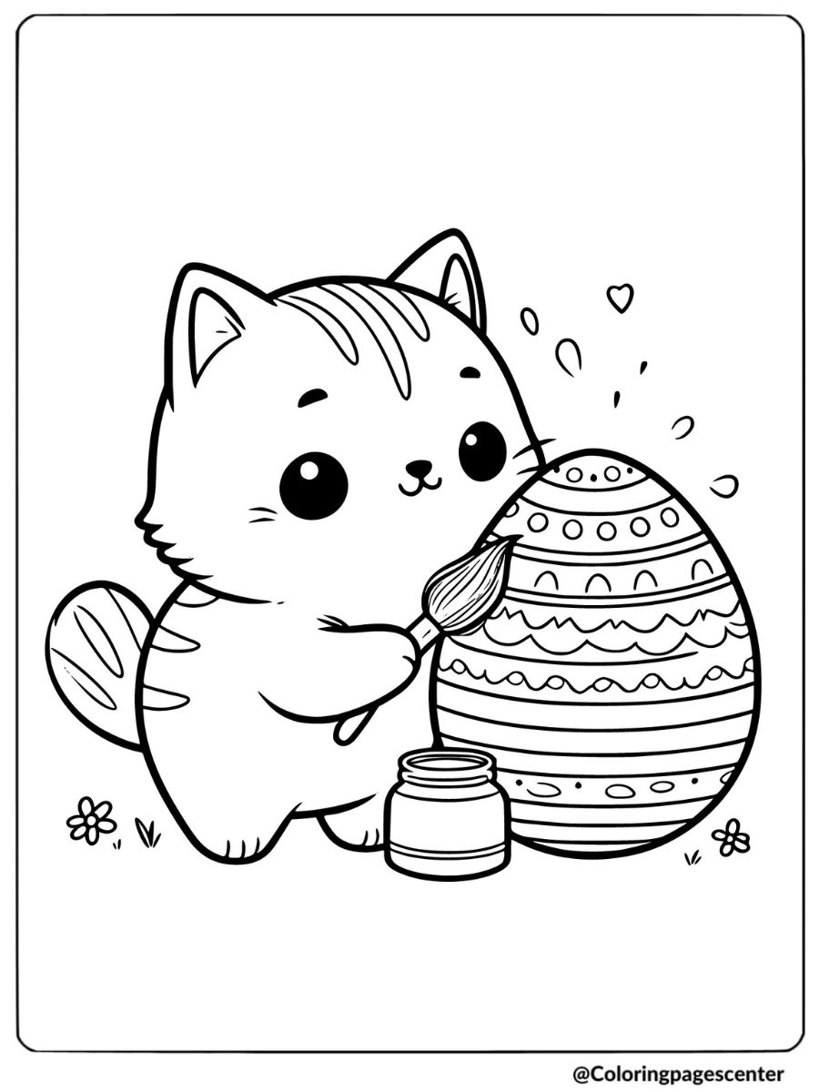 Cat painting decorated Easter egg coloring page