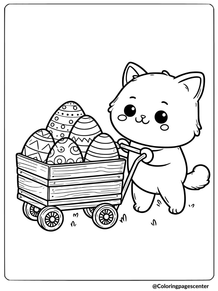 Cat pushing cart of Easter eggs coloring page