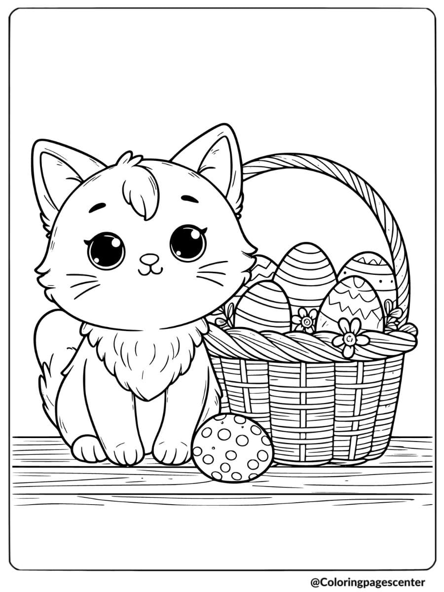 Easter cat sitting next to egg basket coloring page