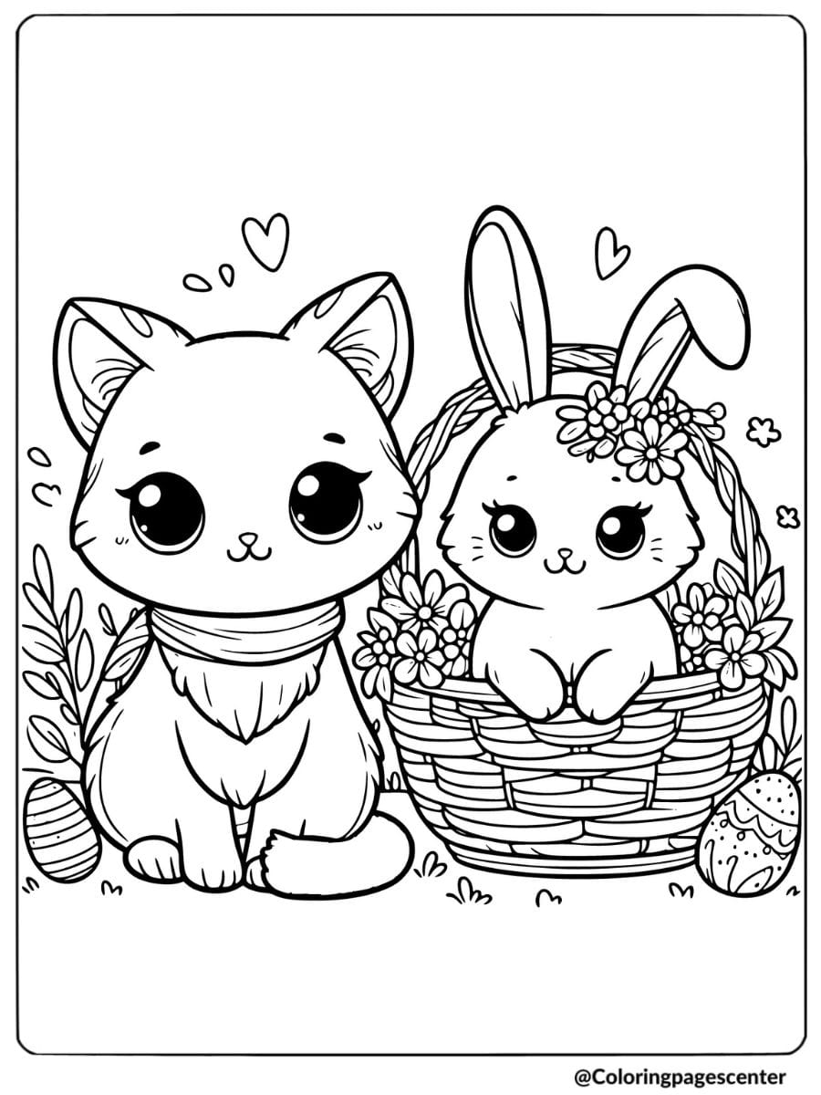 Easter cat and bunny in basket coloring page