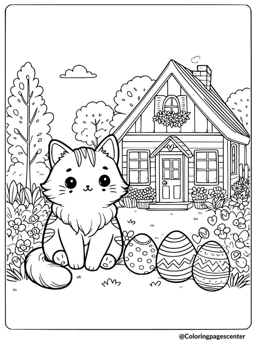 Cat in front of a house with Easter eggs coloring page