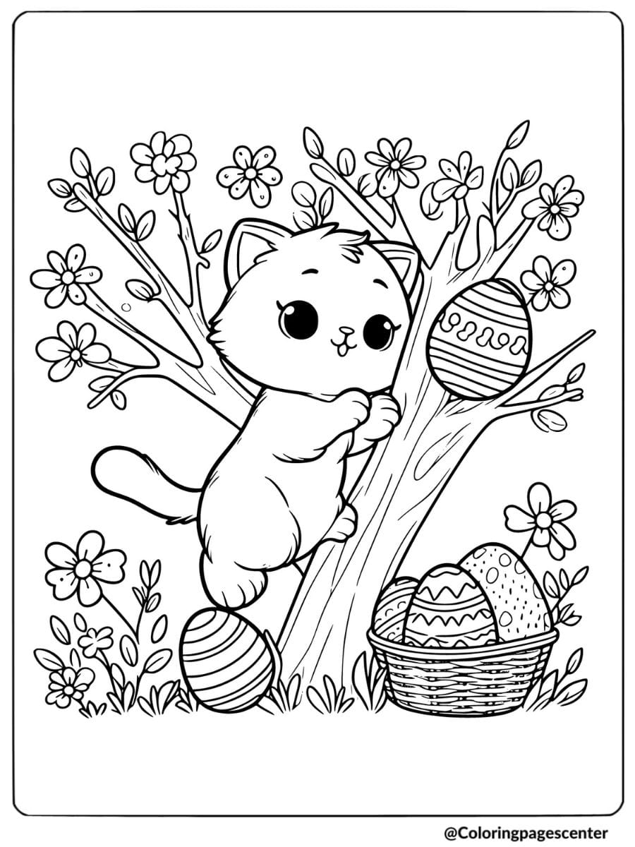 Cat climbing tree with Easter eggs coloring page