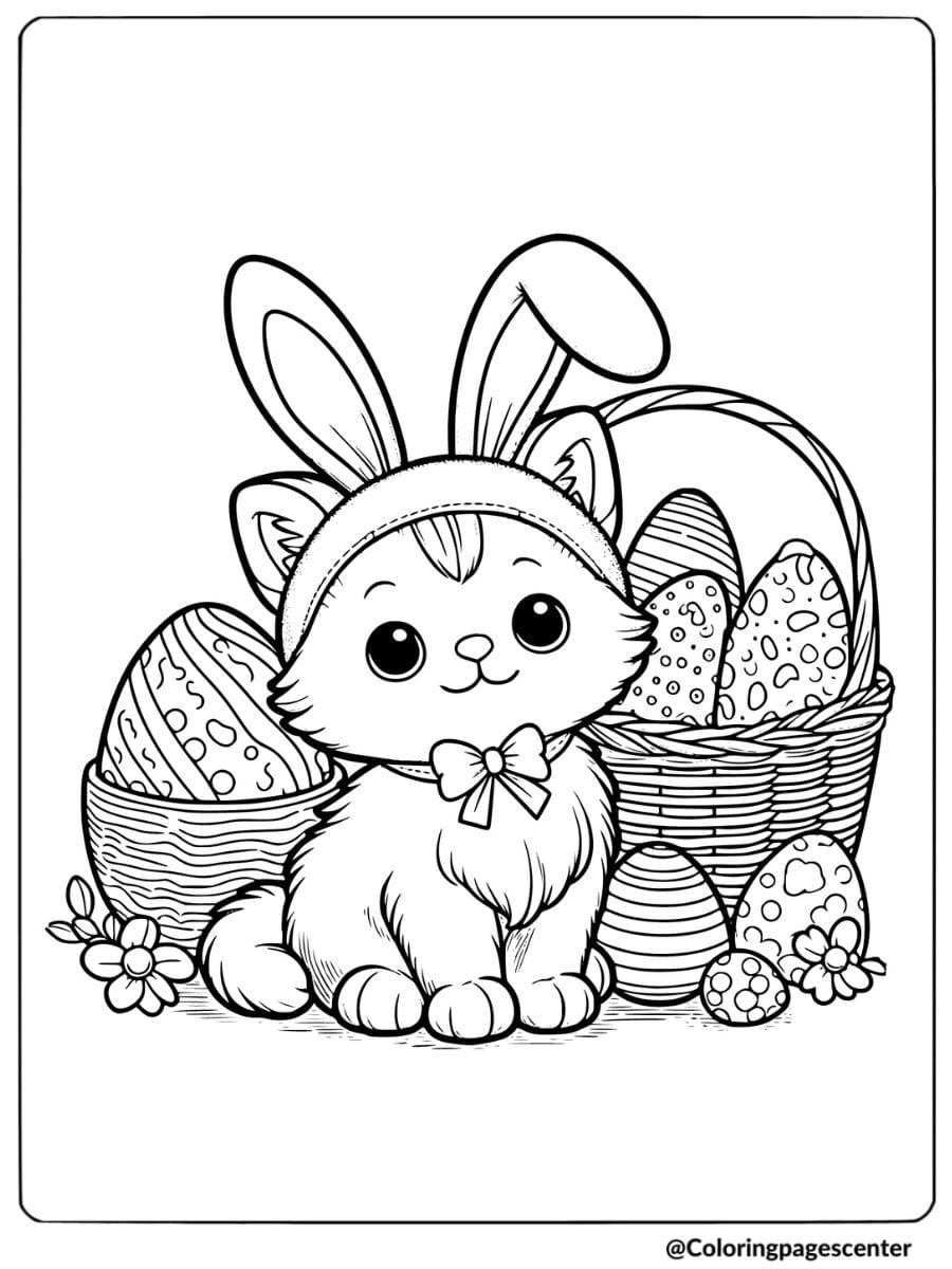 Easter cat wearing bunny ears with egg basket coloring page