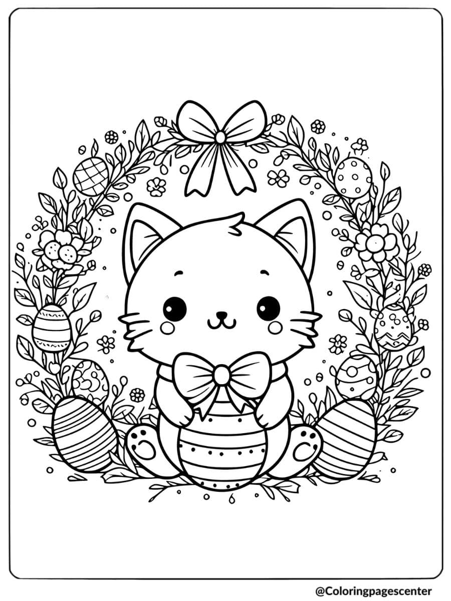 Easter cat with floral wreath and Easter eggs coloring page