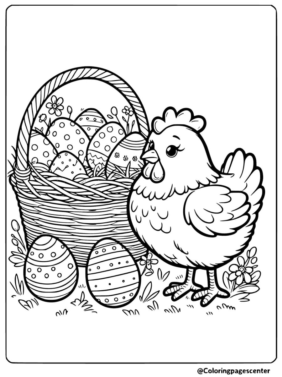 Coloring page of a chicken with an Easter egg basket