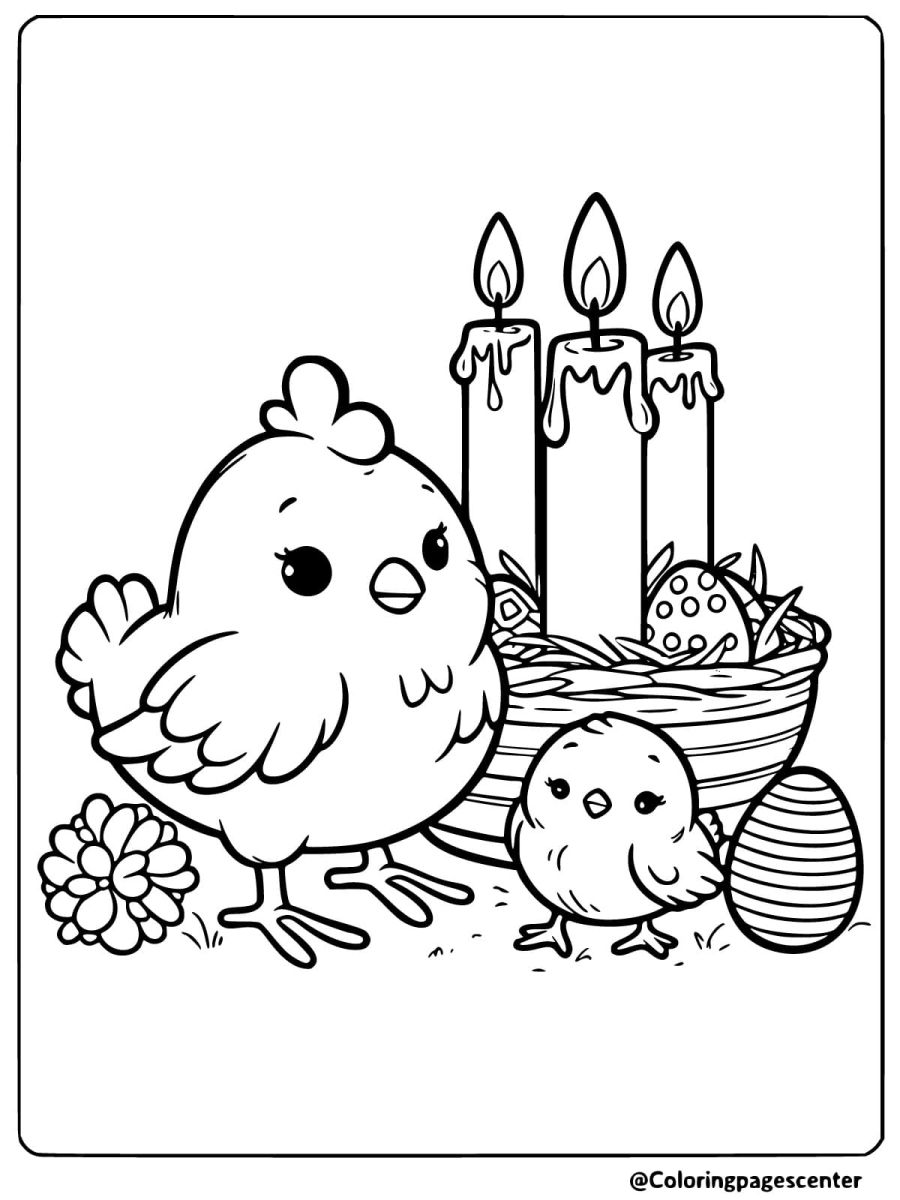 Easter scene with chickens and candles coloring page