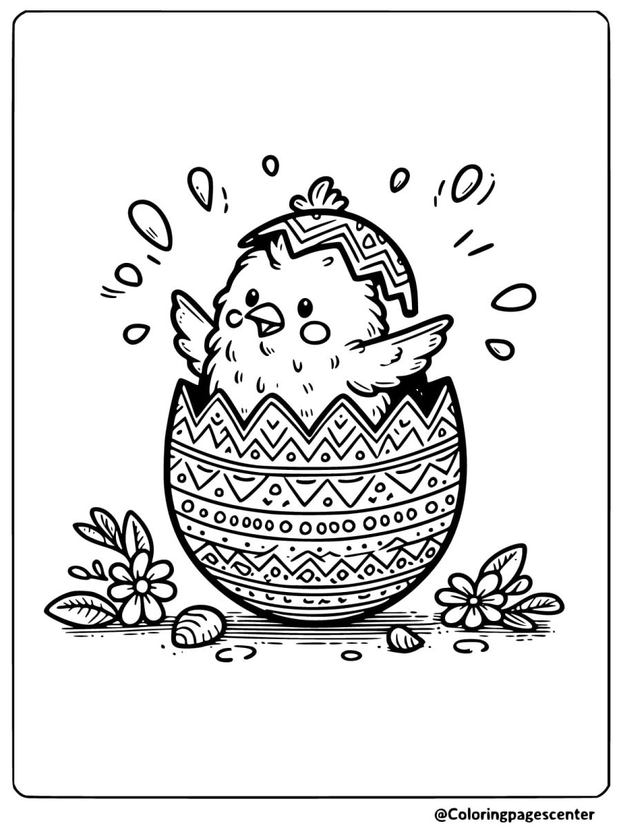 Coloring page of a chicken hatching from an Easter egg