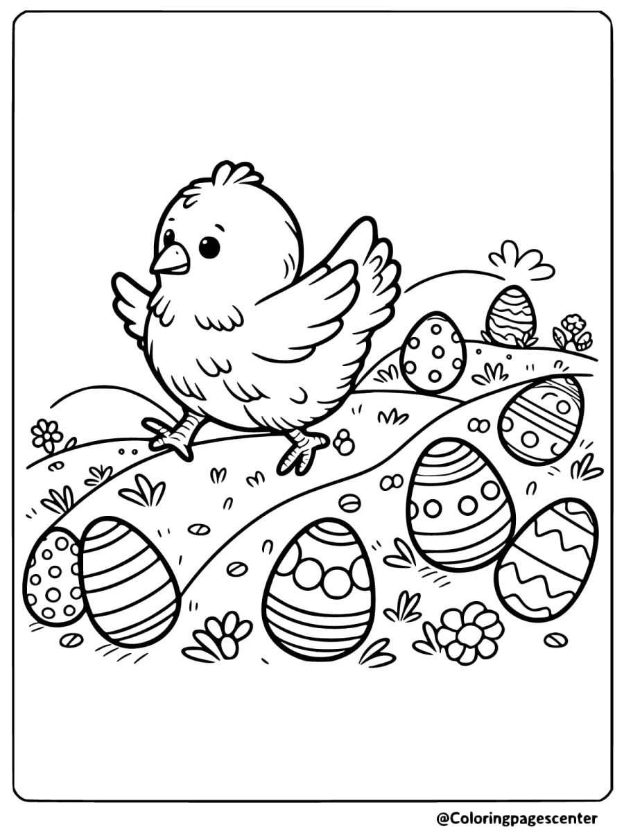 Coloring page of chicken hopping among Easter eggs