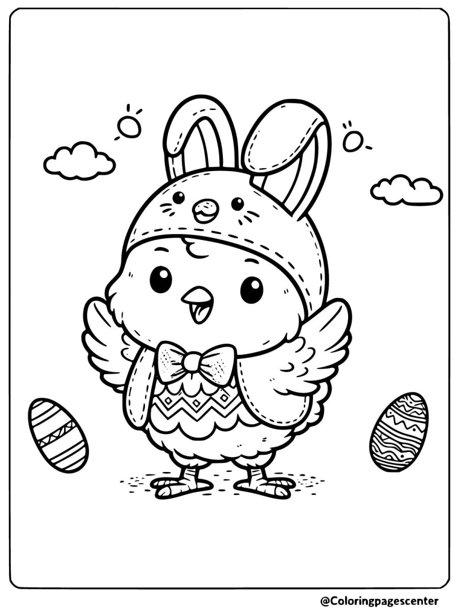 Coloring page of Easter chicken wearing a bunny hat