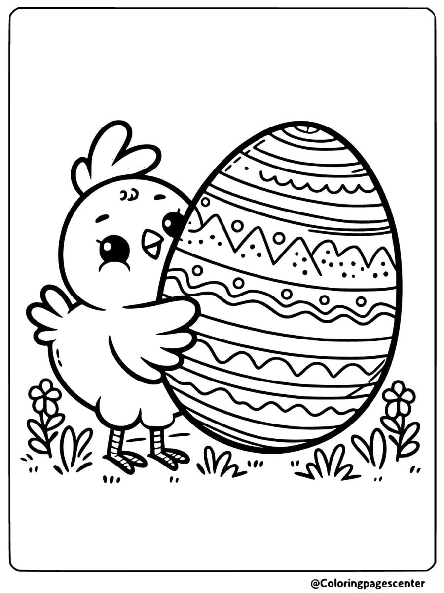 Coloring page of chicken hugging a giant Easter egg