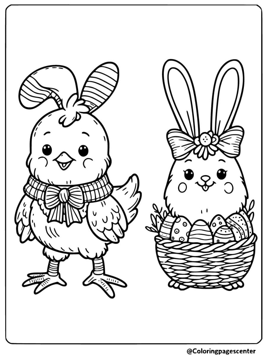 Coloring page of Easter chickens dressed as bunnies