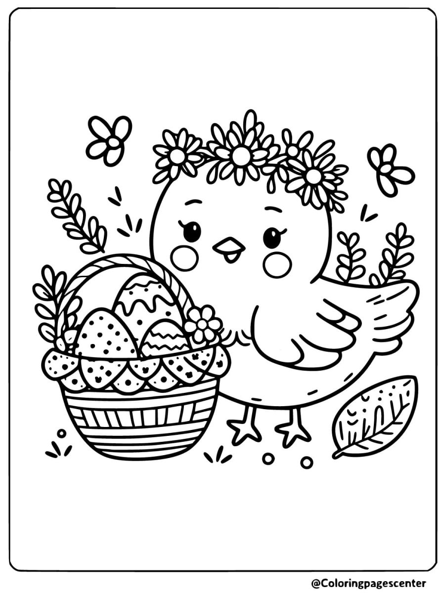 Easter chicken with flower crown and basket coloring page