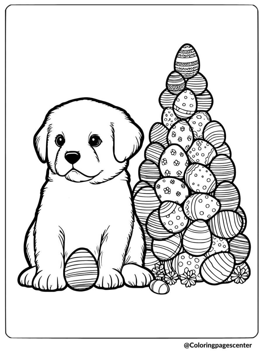 Dog next to a tower of Easter eggs coloring page