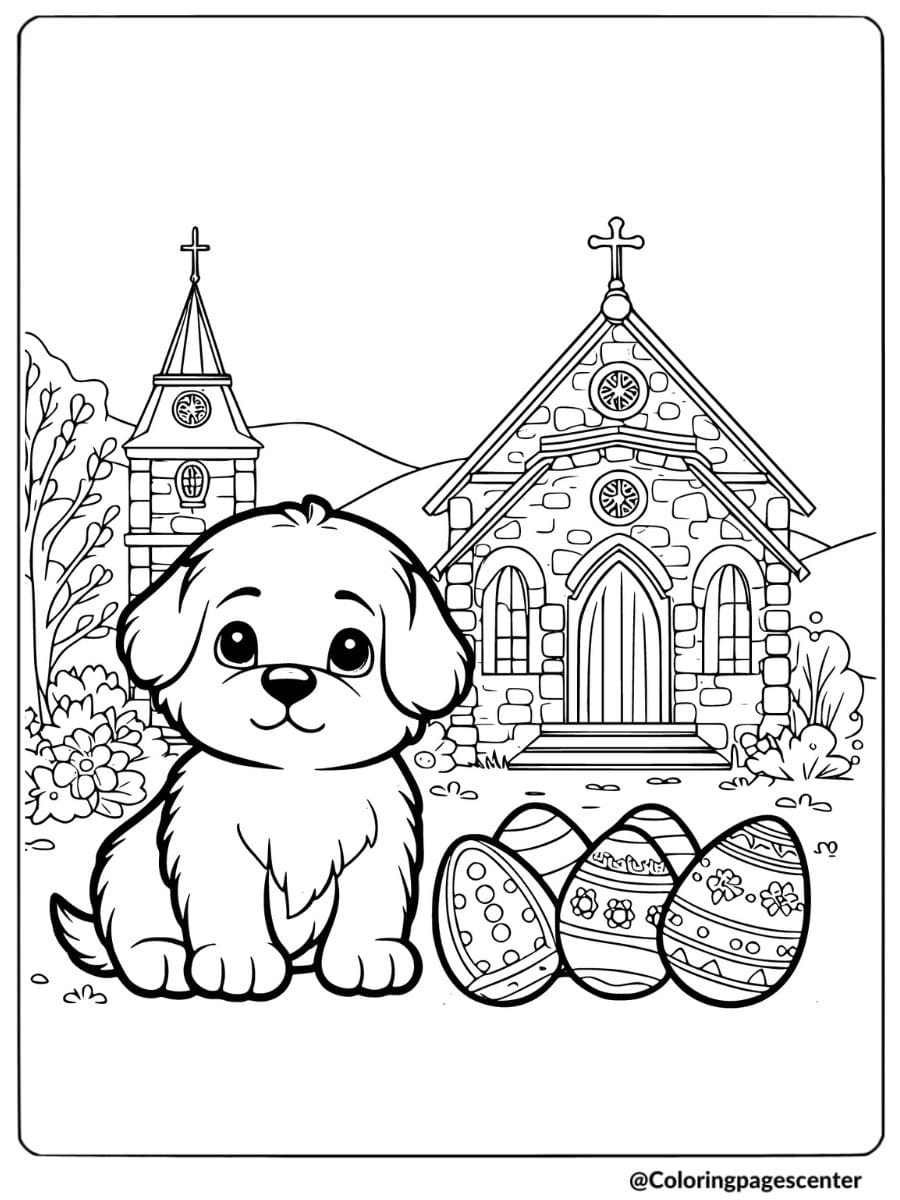 Dog with Easter eggs in front of a church coloring page