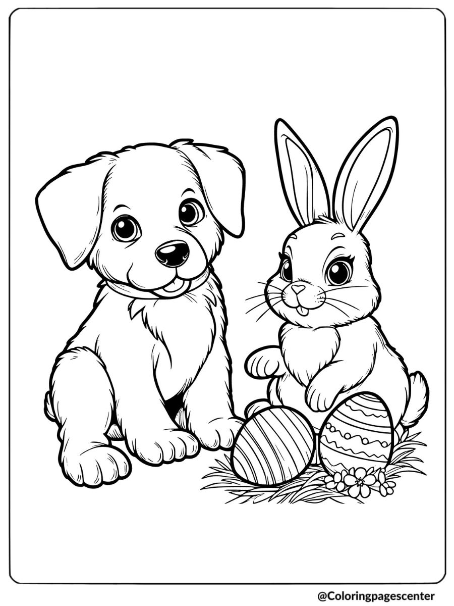 Dog and bunny sitting with Easter eggs coloring page