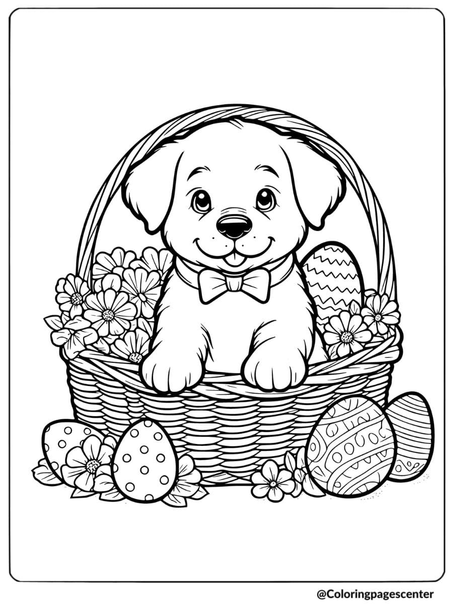 Smiling dog sitting in an Easter basket coloring page