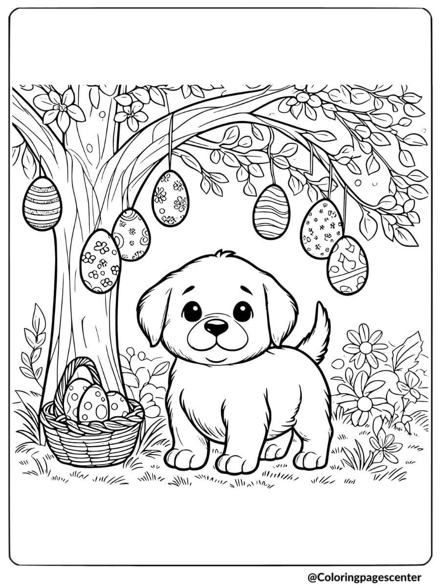 Dog under tree with hanging Easter eggs coloring page