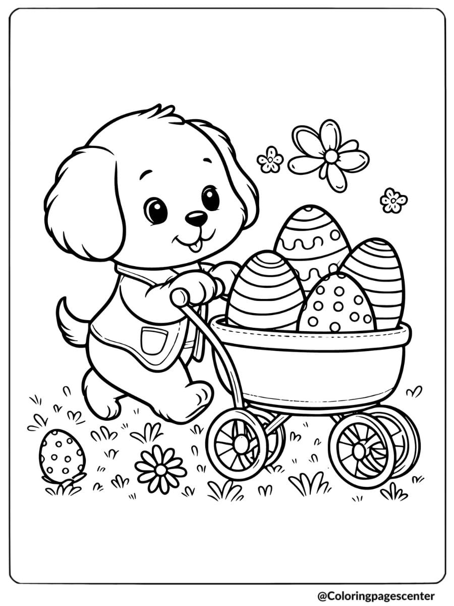 Cute dog pushing a cart of Easter eggs coloring page