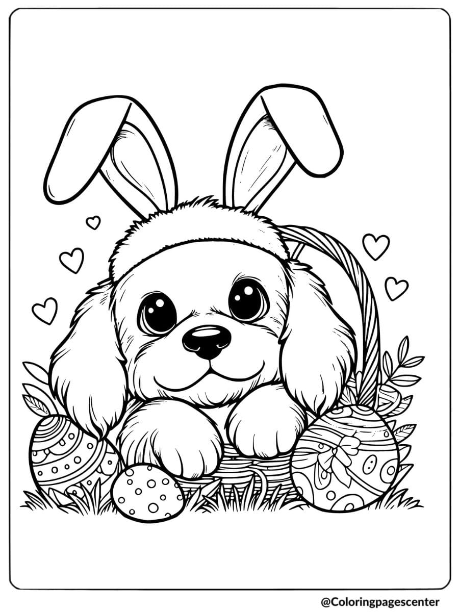 Dog wearing bunny ears with Easter basket coloring page