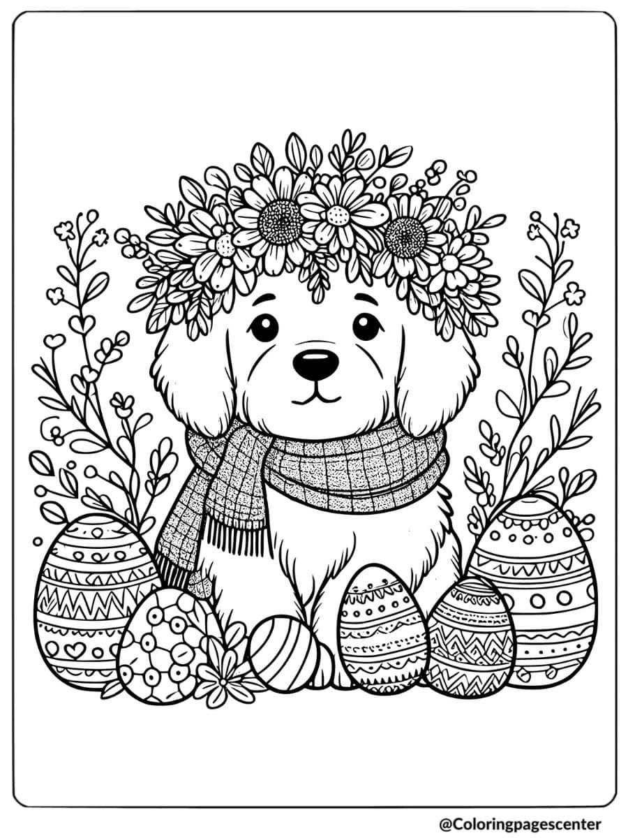 Dog wearing a flower crown with Easter eggs coloring page