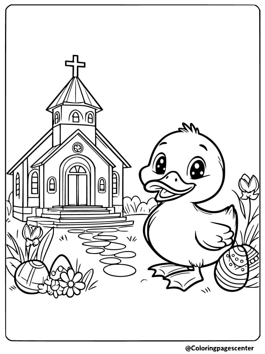 Duck near church and Easter eggs coloring page