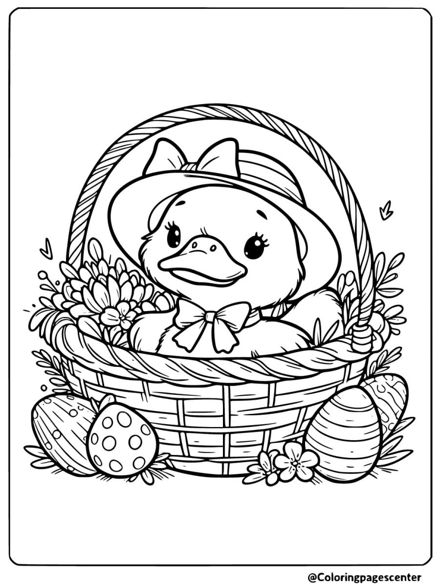 Duck in basket surrounded by Easter eggs coloring page