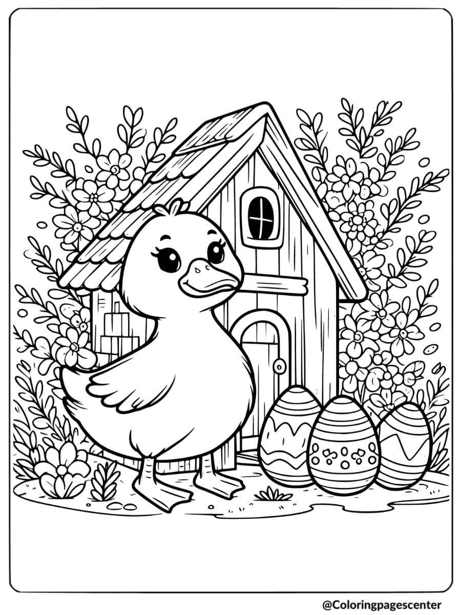 Duck in garden with Easter eggs coloring page