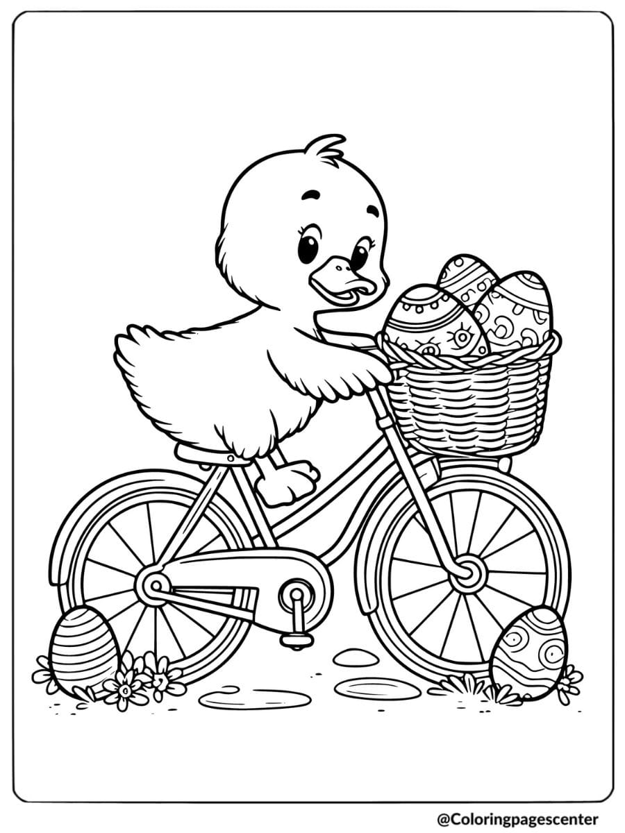 Duck riding bicycle with Easter eggs coloring page