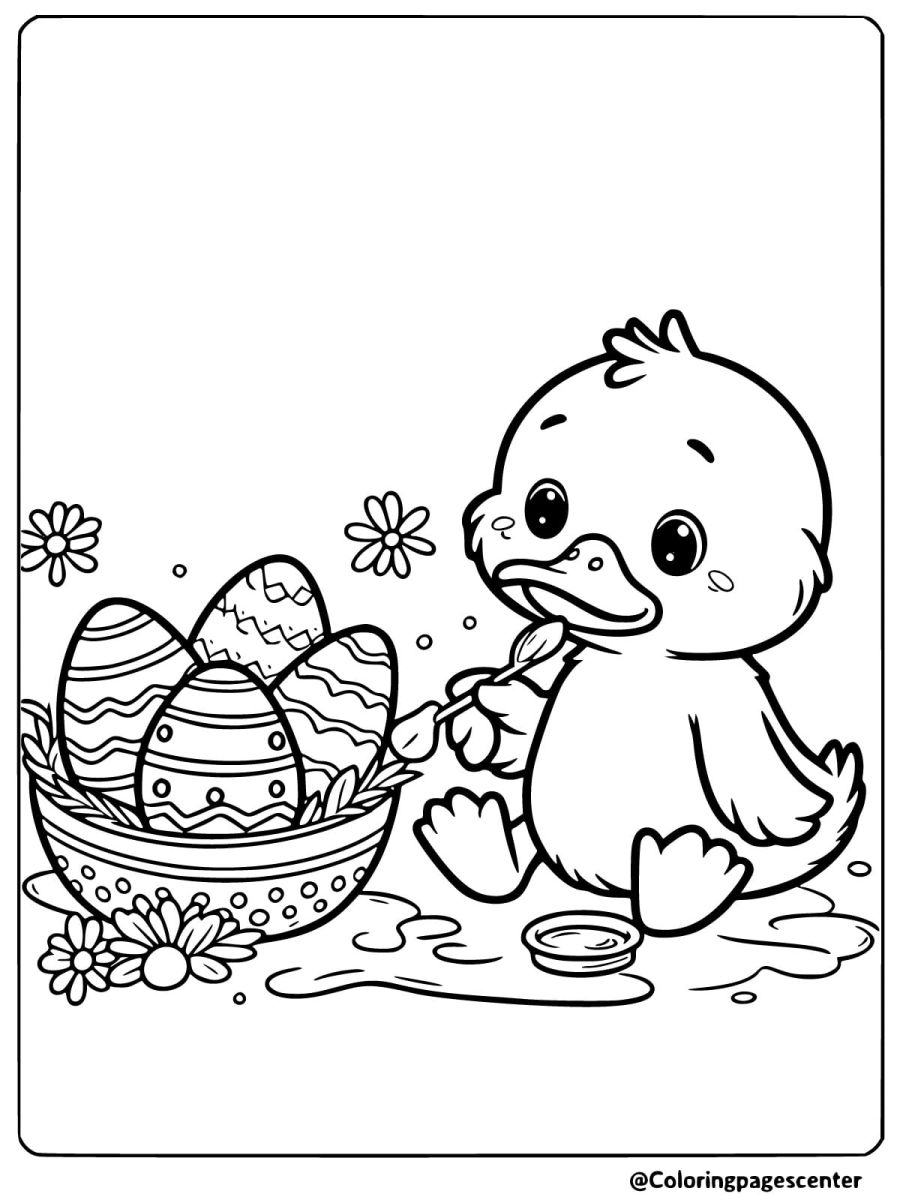 Duck painting Easter eggs with flowers coloring page