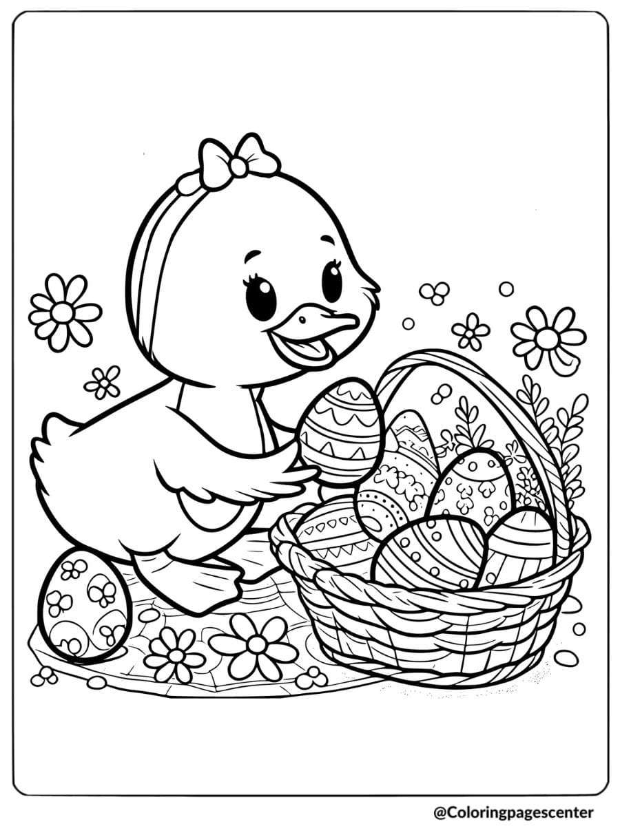 Duck holding Easter egg coloring page