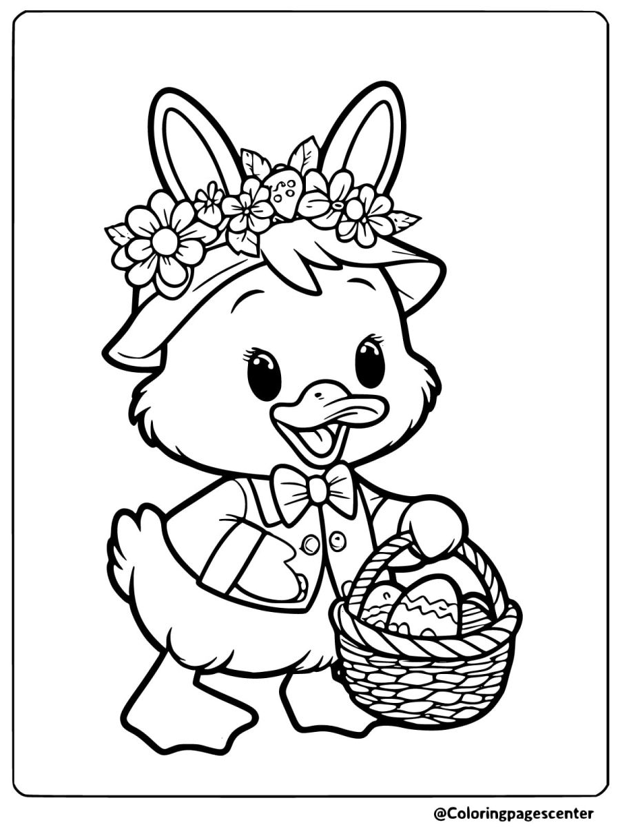 Duck with flower crown and Easter basket coloring page