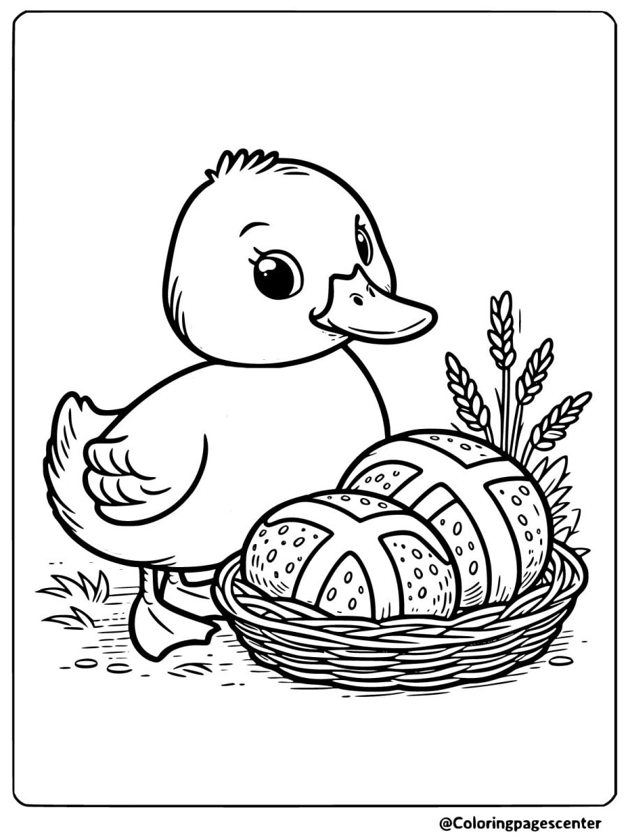 Duck with hot cross buns basket coloring page