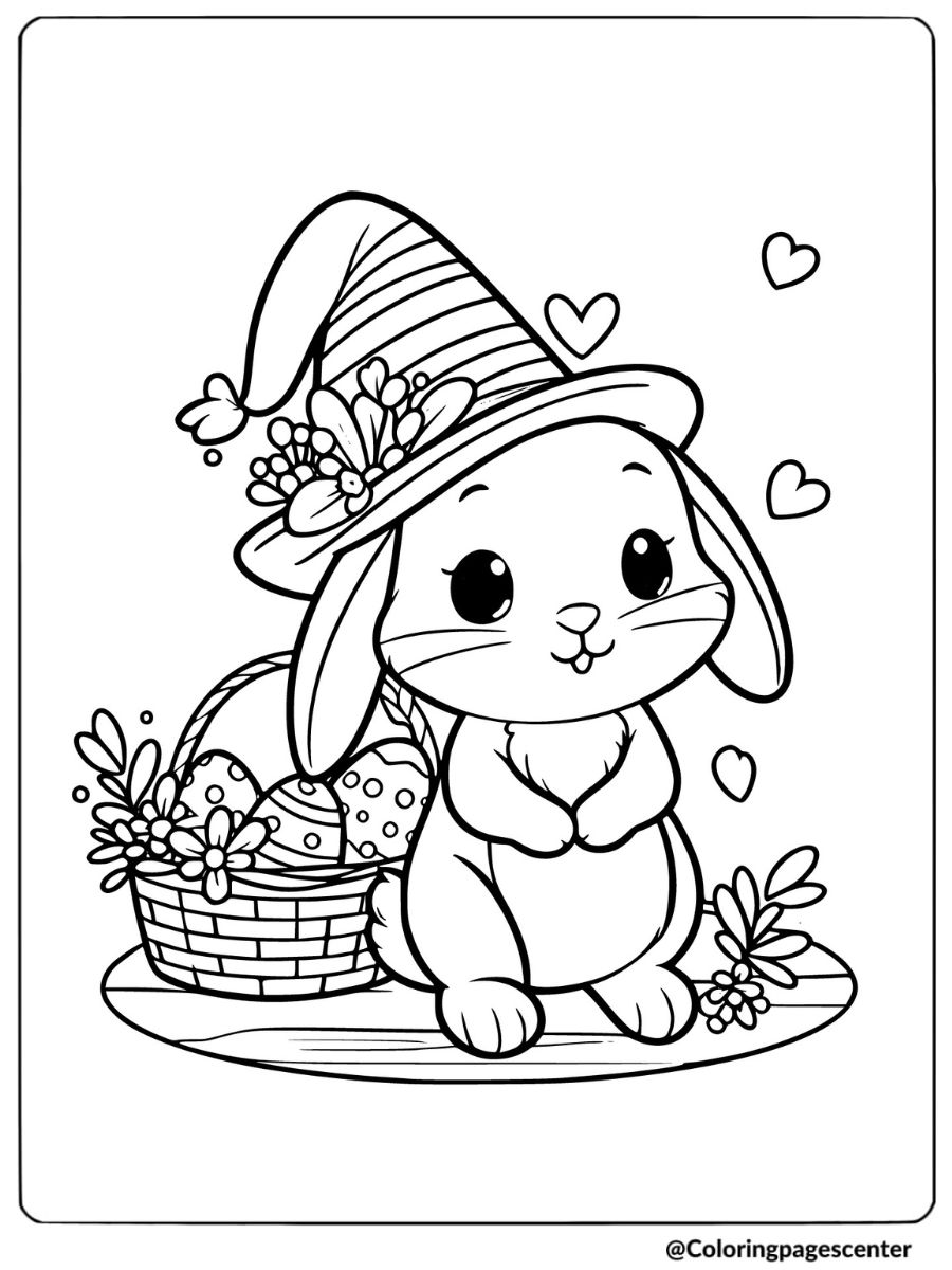 Rabbit with a hat and Easter eggs coloring page