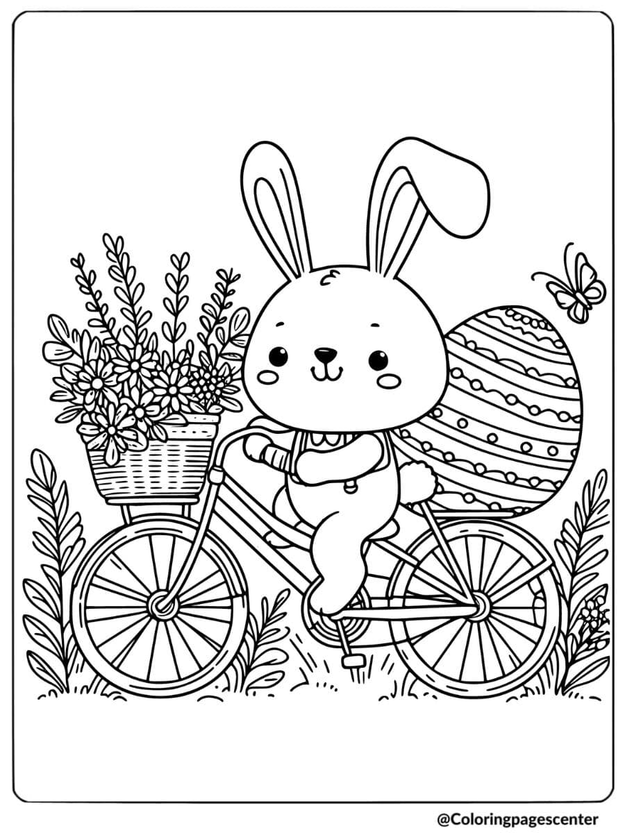 Rabbit riding a bike with Easter eggs coloring page