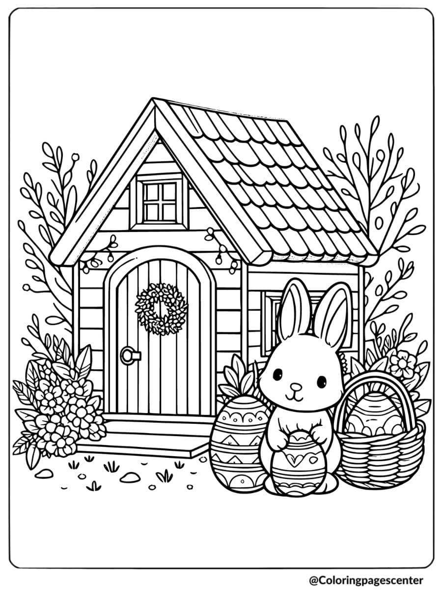 Rabbit with Easter eggs near a house coloring page