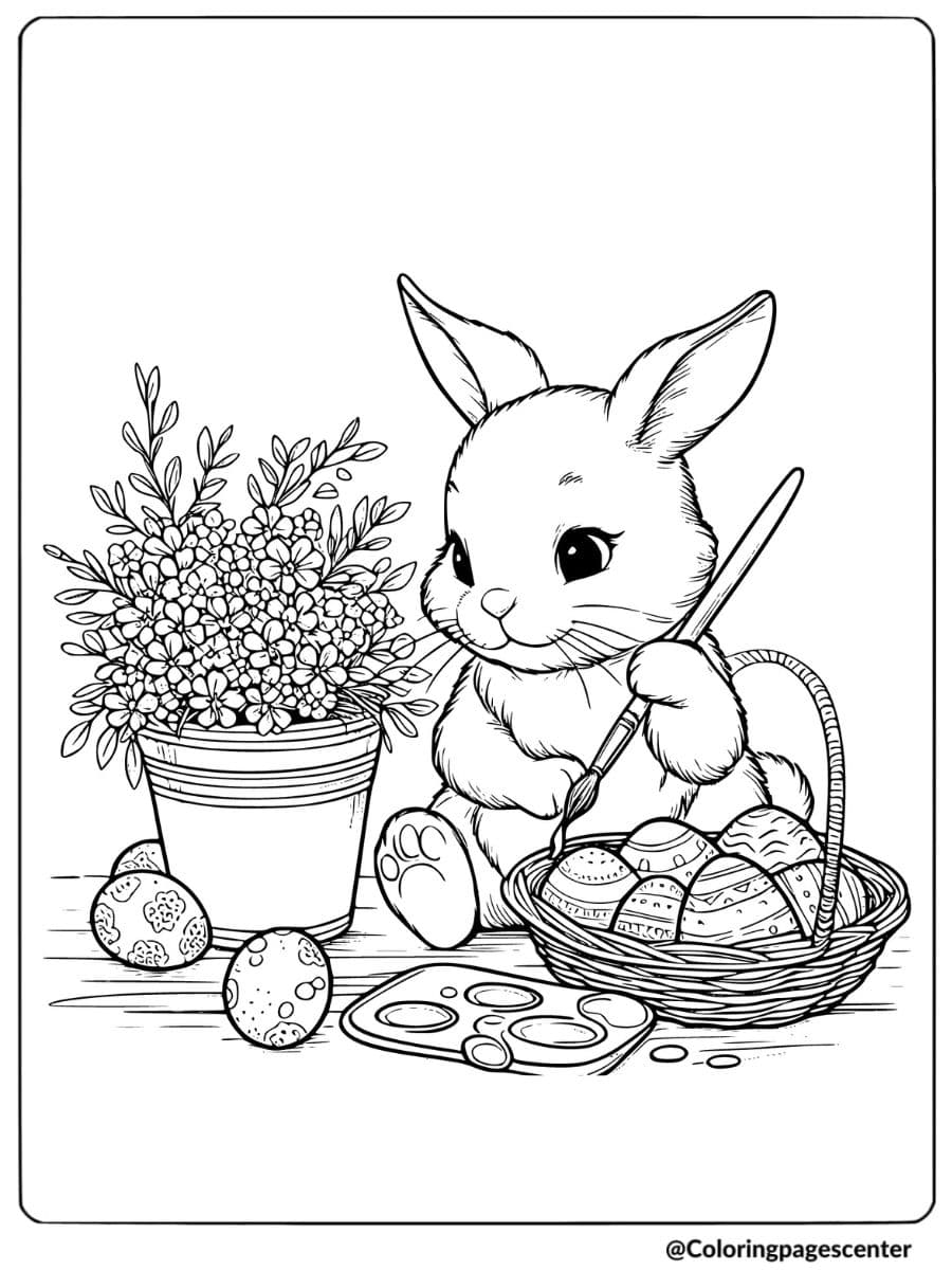 Rabbit painting Easter eggs with flowers coloring page