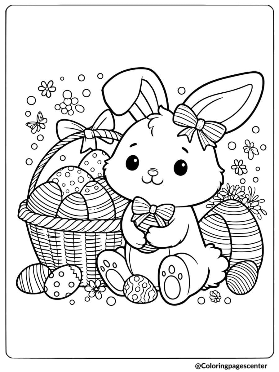 Rabbit holding basket of Easter eggs coloring page