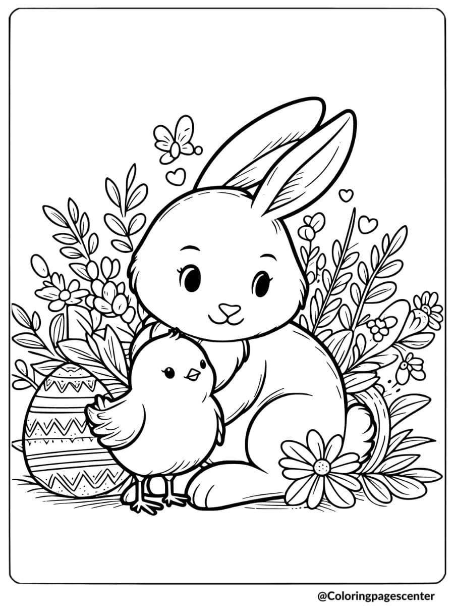 Rabbit hugging chick with Easter eggs coloring page