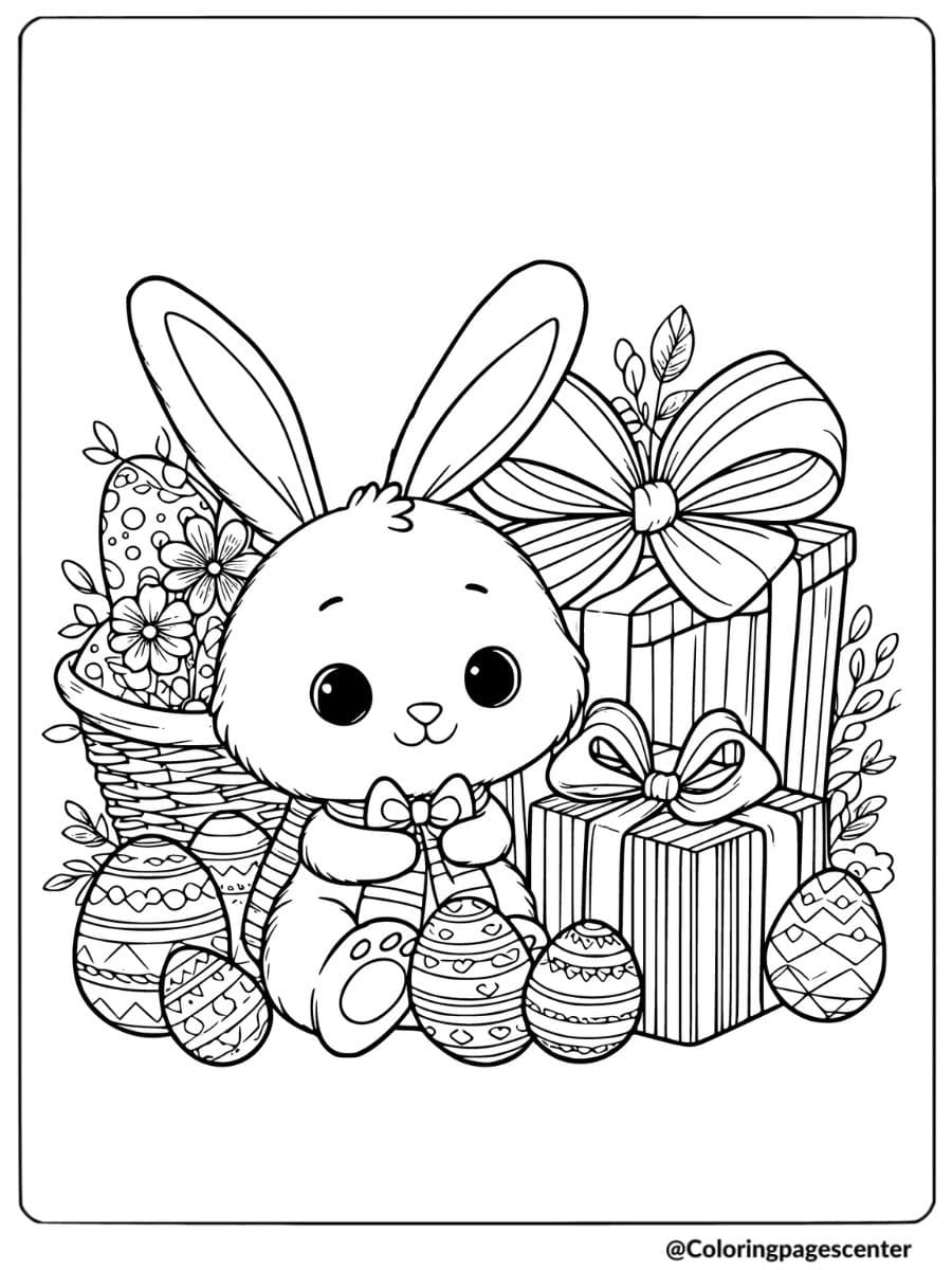 Rabbit surrounded by gifts and Easter eggs coloring page