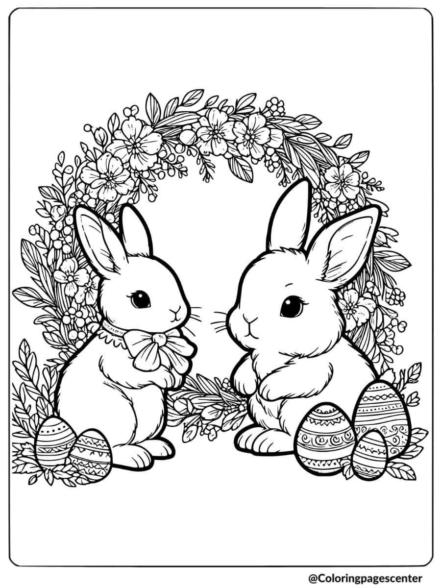 Rabbits with Easter eggs in floral wreath coloring page