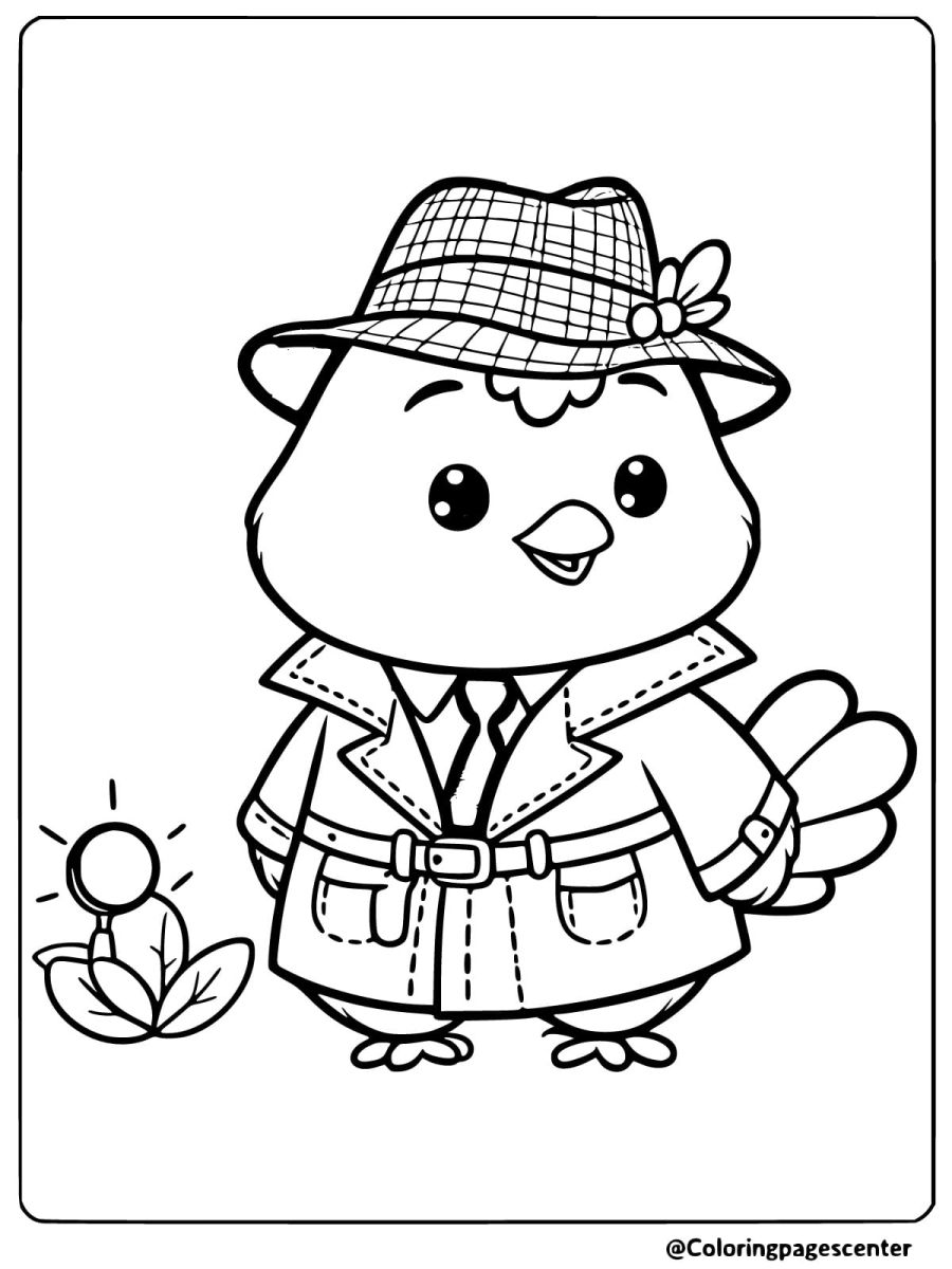 Easy detective chicken coloring page for kids